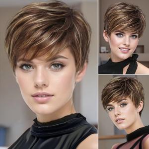 TEMU 8인치 여성용 브라운 숏 헤어 가발, 옆머리 포함, 및 특별한 날에 적합한 숏 픽시 스타일, 크리스마스 및 추수감사절 의상에 완벽