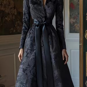 TEMU 블랙 플로럴 다크 프린트 새틴 롱 슬리브 A라인 스탠드 칼라 V넥 드레스