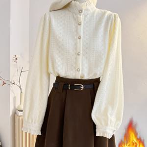 TEMU 스탠드 칼라 레이스 셔츠, 가을/겨울용 두꺼운 안감, 프렌치 스타일 레이어링에 완벽