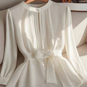 TEMU 여성용 우아하고 스타일리시한 새로운 가을/겨울 단색 라운드넥 긴팔 캐주얼 출퇴근 셔츠 (허리 벨트 포함), 슬림한 실루엣 연출