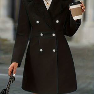 TEMU 여성용 우아한 블랙 트위드 코트 - 정장 및 캐주얼 겨울 아우터, 세탁기 사용 가능, 오피스, 파티, 레저웨어에 적합 - 인조 트림과 패셔너블한 버튼 디테일이 돋보이는 겨울 코트