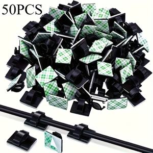 TEMU 케이블 클립용 접착제 50개입 - 녹색 및 흰색 체크무늬 디자인의 강력한 와이어 홀더, 케이블 관리를 위한 내구성 플라스틱 재질, 가정, 사무실, 자동차, 책상 아래 및 벽면 정리용, 케이블 홀더, 책상 정리함