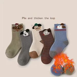 TEMU 남아와 여아를 위한 귀여운 동물 중목 양말 5켤레, 가을 겨울용 두꺼운 아동용 양말, 부드럽고 편안하며 따뜻하고 추위에 강한 아동복, 할로윈/크리스마스 선물