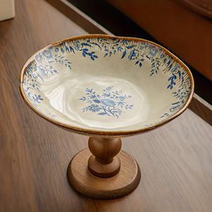 TEMU 빈티지 9인치 세라믹 과일 접시 (나무 받침대 포함), 디저트 접시, 보석 트레이