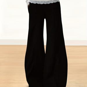 TEMU 여성용 우아한 하이웨이스트 블랙 & 화이트 대비 레이스 벨바텀 플레어 팬츠 - 와이드 헴 - 사계절 캐주얼, 드레시, 웨딩 & 파티웨어 - 세탁기 사용 가능