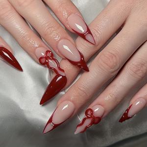 TEMU 24개입 롱 물방울 네일, 섹시 스타일 새해 레드 프렌치 팁 3D 젤 리본 디자인 광택 풀 커버 롱 스틸레토 인조 네일, 여성 파티 프롬 네일 아트 장식