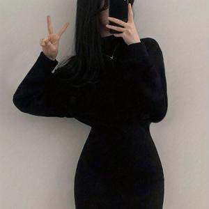 TEMU 블랙 다용도 핏 롱 슬리브 드레스, 신축성 있는 허리 라인과 바디콘 스타일|드레스