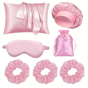 TEMU 7pcs 여성용 수면 미용 도구 세트, 단색 분리형 새틴 베갯잇, 헤어 케어 샤워 캡, 자외선 차단 수면 마스크, 머리끈 및 머리끈 보관