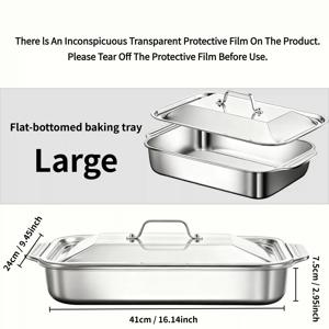 TEMU 3사이즈 스테인리스 스틸 베이킹 디쉬 (뚜껑 포함) - 논스틱 오븐 베이크웨어, 상업용 및 가정용 주방에 적합, 균일한 열 분배, 캐서롤, 파이 플레이트, 그라탱용 내구성 있는 직사각형 팬 - 스토브, 그릴, 야외 요리용