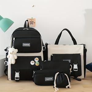 TEMU 남성용 가방 5종 세트, 플러시 베어 & 배지, 동전 지갑, 수납 가방, 핸드백, 크로스백 여행용 백팩 가방