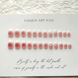 TEMU 하트 패턴이 있는 핑크 스퀘어 짧은 네일 팁, 광택이 있는 프레스 온 네일, 귀여운 프랑스 만니큐어 모조 네일 세트