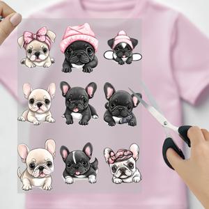 TEMU 9팩 프랑스 불독 열전달 스티커, 만화 동물 프린트, 폴리우레탄 패션 애완동물 패턴, DIY 아이언온 데칼, 티셔츠, 청바지, 가방, 마스크, 쉽게 적용 및 제거, 다양한 색상
