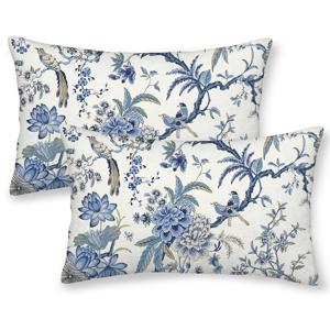 TEMU 봄을 위한 칸사이 디자인이 특징인 린넨 베개 커버 2개 세트, 파란색 새와 꽃무늬가 장식되어 농가 장식에 완벽합니다. 빈티지 스타일의 흰색과 파란색 야외 쿠션 커버는 소파와 카우치용 (단면)