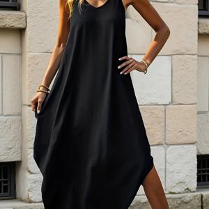 TEMU 여성 드레스, 세련된 우아한 캐주얼 심플 솔리드 컬러 커브드 헴 드레스, 더블 스파게티 스트랩 디자인, 롱 여성 드레스, 휴가, 데이트, 출퇴근, 여가 시간, 데일리 웨어, 봄, 여름, 가을용 여성 A라인 드레스, 우아한 여성 드레스
