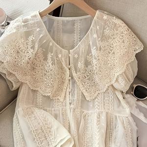 TEMU 여성용 우아한 캐주얼 V넥 레이스 블라우스, 러플 장식