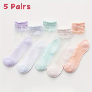 TEMU 여아용 귀여운 리본 초슬림 양말 5켤레, 통기성 & 땀 흡수/두꺼운 미끄럼 방지 밑창, 패션 여름 크루 양말 데일리 및 개학 시즌용