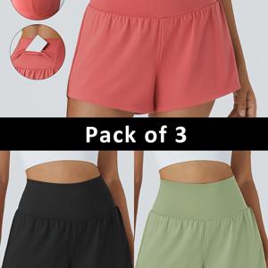 TEMU 여성용 여름 경량 3포켓 스포츠 반바지 3개 세트, 신축성 있는 허리밴드, 캐주얼 달리기 및 요가용 루즈핏, 편안한 이중 레이어 2-in-1 룩 여성 바지