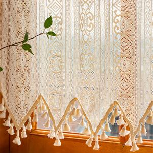 TEMU 수제 태슬 패턴과 코바늘 레이스 디자인의 짧은 창문 쉬어 커튼 1개. 주방, 카페, 욕실에 적합하며 빈티지 룸 데코로 사용할 수 있습니다.