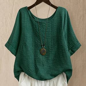 TEMU 여름용 빈티지 휴가 라운드 넥 솔리드 컬러 여성 셔츠