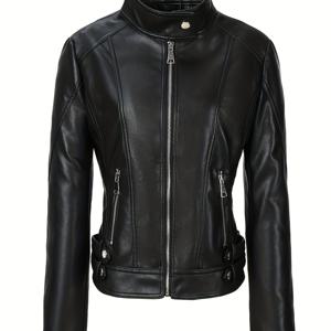 TEMU 스트리트 캐주얼 모터사이클 자켓, 여성용 사계절 스타일 PU 가죽 코트, 여성용 스탠드업 칼라 지퍼 긴팔 아우터웨어, PU 가죽 패션 PU 가죽 자켓, 사계절 착용 가능, 여성 의류