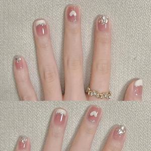 TEMU 핸드메이드 프레스온 네일 10개입 | 스위트 프레쉬 프렌치 팁 숏 스타일, 아크릴, 하트 패턴, 사각형 모양 - 데일리, 휴가, 파티에 이상적 | 간편한 부착, 브랜드: Lenbosa