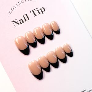 TEMU 10개 세트 수제 착용 가능한 네일 아트 패치 - 핑크 & 블랙 광택의 프렌치 팁 숏 아몬드 네일, 짧은 손톱용 프레스온, 파티 웨딩 데일리 웨어 (손 & 발) - 볼륨 빌딩 네일 강화