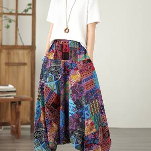 TEMU 9531# 리얼샷 신상 스타일 우아한 와이드 레그 팬츠 플로럴 프린트 플레어드 팬츠 캐주얼 루즈 팬츠 에스닉 스타일 하렘 팬츠