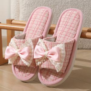 TEMU 봄가을 남녀공용 귀여운 레이스 리본 슬리퍼, 사계절 겨울 여성 실내화, 패셔너블 홈 슬리퍼, 여성 신발