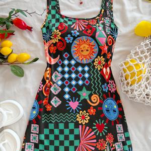 TEMU 솔레아 여성용 프린트 미니 드레스 - U-백넥라인, 생동감 넘치는 에스닉 패턴, 사이드 슬릿 & 세탁기 사용 가능, 신축성 원단, 뮤직 페스티벌, 발렌타인데이 및 스타일 의상, 새해와 축제용 미니 드레스, 비침 방지 소재