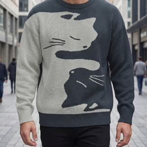 TEMU 남성용 고양이 프린트 라운드넥 스웨터, 오프숄더 루즈핏 긴소매 풀오버, 깊은 회색 컬러 블록 디자인으로 외출 및 대학에 적합