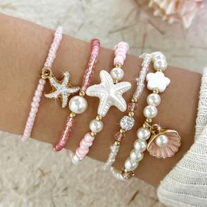 TEMU 스타일 핑크 섹시 패션 인조 조개 반짝이 팔찌 세트, 5팩 유리 비즈 펜던트 라인스톤 오일 페인팅