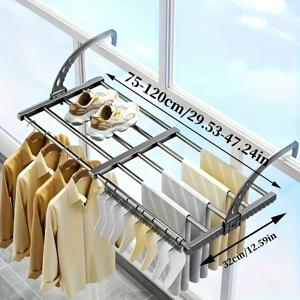 TEMU 조절 가능한 창문 건조대 - 공간 절약형 확장 가능 폴 디자인, 벽걸이 실내/외부 세탁물 정리함 (옷, 신발, 속옷용 후크 포함) - 발코니, 정원, 가정용 내구성 있는 금속 제작, 옷 건조대, 슬림한 메탈 마감, 효율적인 공간 해결책