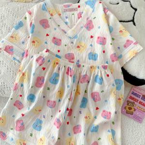 TEMU 귀여운 컬러풀 곰 여성용 파자마 세트, 카툰 스위트 V넥 풀오버 반팔 상의 + 쿨 반바지 2피스 라운지웨어, 여름용 산뜻하고 심플한 2피스 짧은 기장 홈수면복