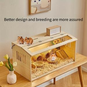 TEMU 나무 아크릴 소형 동물 케이지 | 상단 리프트 디자인 | 조립으로 공간 절약 | 골든 햄스터, 시리아 햄스터, 기니피그, 샌드래트에 적합 | 투명한 관찰 및 통풍 구멍 | 애완 동물 서식지 및 전시용으로 완벽. Dimensi