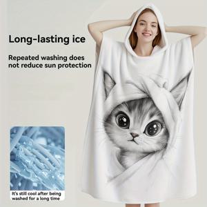 TEMU 귀여운 고양이 패턴이 있는 3가지 사이즈의 극세사 후드 비치 타월 1개입, 매우 부드럽고 편안함, 빠른 건조, 피부 친화적, 해변, 수영장에 적합, 착용 가능한 목욕 가운, 완벽한 선물|비치타올