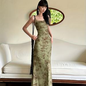 TEMU 여성용 신상 중국풍 그린 메쉬 플로럴 서스펜더 드레스, 여름 디자인, 고급스러운 기품, 허리 가방, 엉덩이, 피쉬 테일 롱 스커트