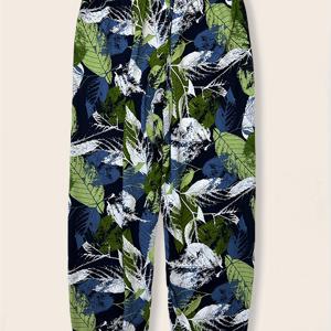 TEMU 남녀공용 아이스 슬릭 섬유 캐주얼 하렘 팬츠, 그린 & 화이트 리프 프린트, 롱 비치 라운지 팬츠, 커프드 레그