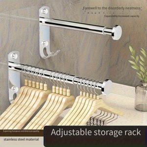 TEMU 1개 헤비듀티 스테인리스 옷걸이 정리대 - 공간 절약형 텔레스코픽 행거, 무드릴 설치, 조절 가능한 길이, 미끄럼 방지 후크 - 욕실, 옷장, 발코니, 침실용 - 강력한 차고 및 가정용 수납 솔루션, 옷걸이, 발코니 보관, 세련된 메탈릭 마감, 노치 그립 핸들