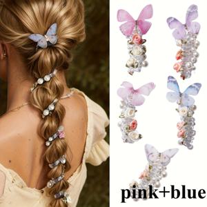 TEMU 2개입 스위트 나비 장미 폰라인 머리끈, 매우 우아한 폰라인 헤어 액세서리, 고탄력의 여성용 스위트 헤어 밴드 (포니테일 및 땋은 머리용), 긴 머리에 적합