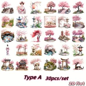 TEMU 체리 blossom 기모노가 특징인 30개 수제 크리에이티브 빈티지 일본 풍경 스티커 세트. 정크 저널, 노트북, 스크랩북 및 플래너 장식에 적합합니다.