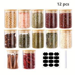 TEMU 12개 고성능 보로실리케이트 유리 주전자 세트, 바마부 뚜껑과 라벨이 있는 향신료 용기, 식품 곡물 보관용기, 밀폐식 식품 보관용기, 차용기, 시리얼 용기, 커피 캔, 가정용 주방에 적합, 방습 및 신선도 보존 식품 용기