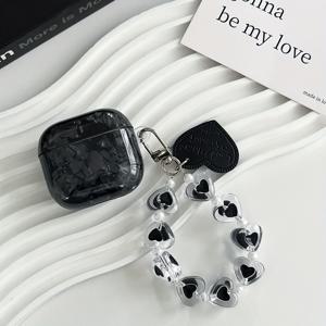 TEMU 에어팟 4/Pro 2세대/Pro 3세대용 블랙 쉘 패턴 케이스, 에어팟 Pro/3호환, 에어팟 2/1용 케이스, 블랙 하트 참 포함