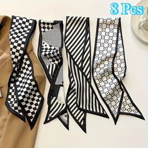 TEMU 8개/1세트 프렌치 스타일 분위기 나는 슬림 롱 스카프 블랙 체크무늬 양면 헤어밴드 머리끈 리본 우아한 멀티 넥스카프