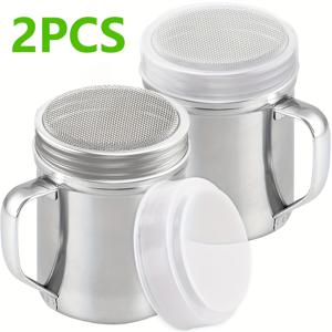 TEMU 2개 세트 LY 중형 핸들 파우더 디스펜서, 스테인리스 스틸 파우더 쉐이커 - 베이킹 소다, 옥수수 전분, 커피용, 내구성 강한 금속 디자인, 홈 로스터, 레스토랑 및 카페에 적합, 쉬운 세척