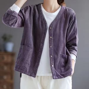 TEMU 여성용 신상 가을 캐주얼 코듀로이 작업 재킷, 숏 슬림 V넥 빈티지 스타일 탑