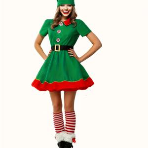 TEMU 여성용 크리스마스 엘프 코스튬 세트 4종 - 모자, 드레스, 벨트, 스타킹