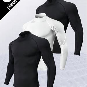 TEMU 3pcs 남성용 스포츠 압박 긴팔, 하이넥 타이트 퀵드라이 통기성 피트니스 셔츠, 스포츠 피트니스 및 일상복으로 적합, 사계절 스타일, 체육관 의류, 액티브웨어 탑, 하이넥 디자인, 퍼포먼스 웨어, 통기성 소재, 내구성 있는 구조, 스포츠 셔츠, 트레이닝 탑, 러너 기어, 체육관 방문자|골프웨어