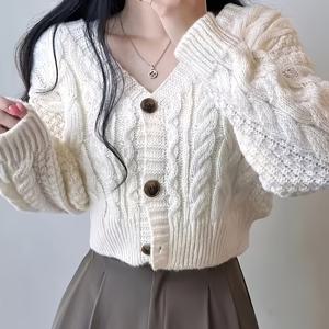 TEMU 한국식 쓰리버튼 V넥 카디건 빈티지 패턴 긴소매 크롭 스웨터 코트