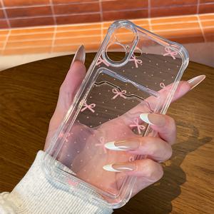 TEMU 휴대폰 케이스 - 휴대폰 케이스 - 리본, 카드 홀더가 있는 아이폰 16/16 Pro/16 Pro Max용 휴대폰 케이스. 카드 및 사진 삽입이 가능하며 15/14/13/12/11 모델과 호환됩니다. 이 케이스는 투명합니다.