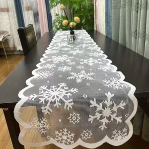 TEMU 크리스마스 장식용 화이트 스노우플레이크 패턴 테이블 러너, 테이블 분위기 향상, 세탁기 사용 가능, 폴리에스터 소재, 거실, 식당, 피아노 보관 캐비닛에 적합, 분위기 연출 및 보호